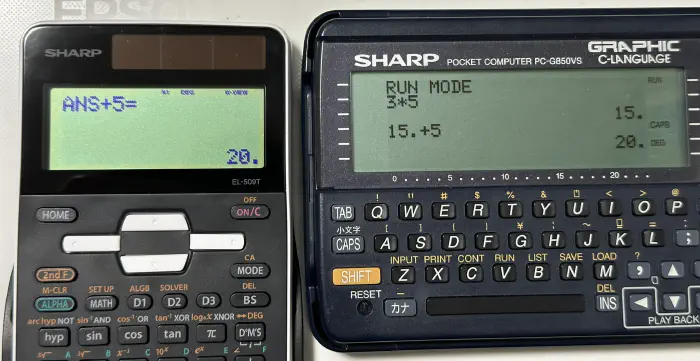 3 x 5 = + 5の順に押した結果の比較